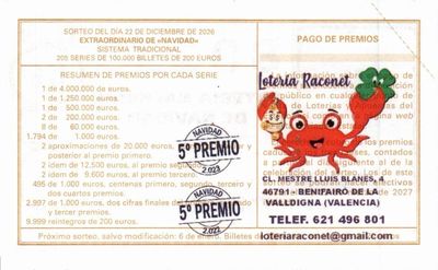 Reverso del d&eacute;cimo 80233 con el sello de la Administraci&oacute;n &laquo;Raconet&raquo;, en Benifair&oacute; de la Valldigna